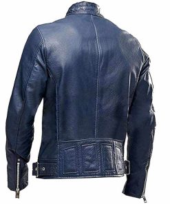 Alternative view of Men's Vintage Cafe Racer Blue Leather Motorcycle Jacket