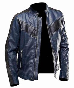 Men's Vintage Cafe Racer Blue Leather Motorcycle Jacket