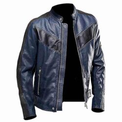 Men's Vintage Cafe Racer Blue Leather Motorcycle Jacket