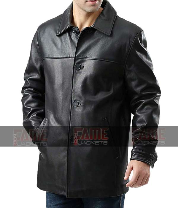 Mens Black Sheepskin Leather Car Coat
