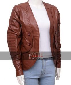 Alternative view of Stana Katic Brown Slim Fit Leather Jacket