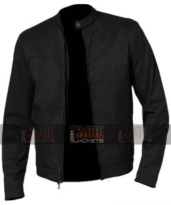 Casual Mens Round Collar Black Cafe Racer Cotton Jacket