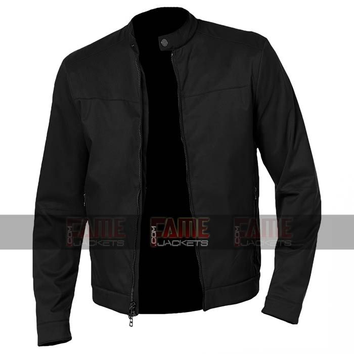 Casual Mens Round Collar Black Cafe Racer Cotton Jacket