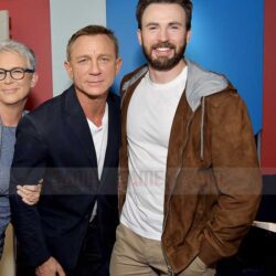 Chris Evans Men's Brown Suede Bomber Hoodie Jacket