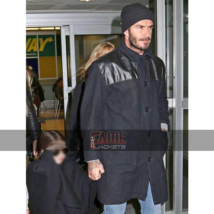 David Beckham Black Wool Winter Coat For Men On Sale