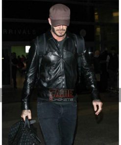 David Beckham Men Slim Fit Black Leather Jacket