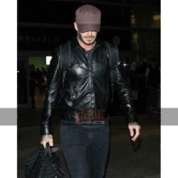 David Beckham Men Slim Fit Black Leather Jacket