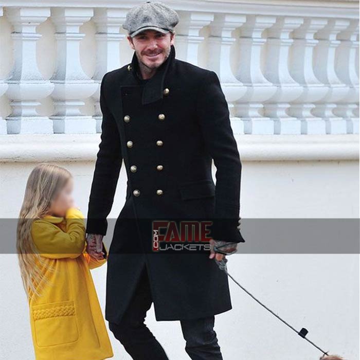 David Beckham Double Breasted Black Wool Winter Coat For Men