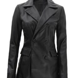Women's Real Black Leather Double Breasted Blazer
