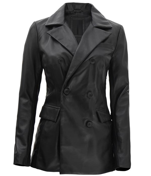 Women's Real Black Leather Double Breasted Blazer