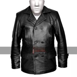Men's Winter Black Leather Coat - Dr Who Olive German Military