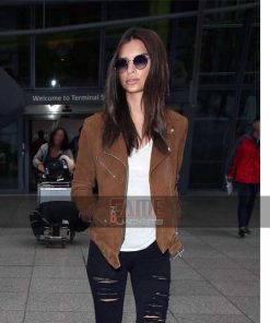 Alternative view of Emily RatajKowski Brown Slim Fit Suede Jacket