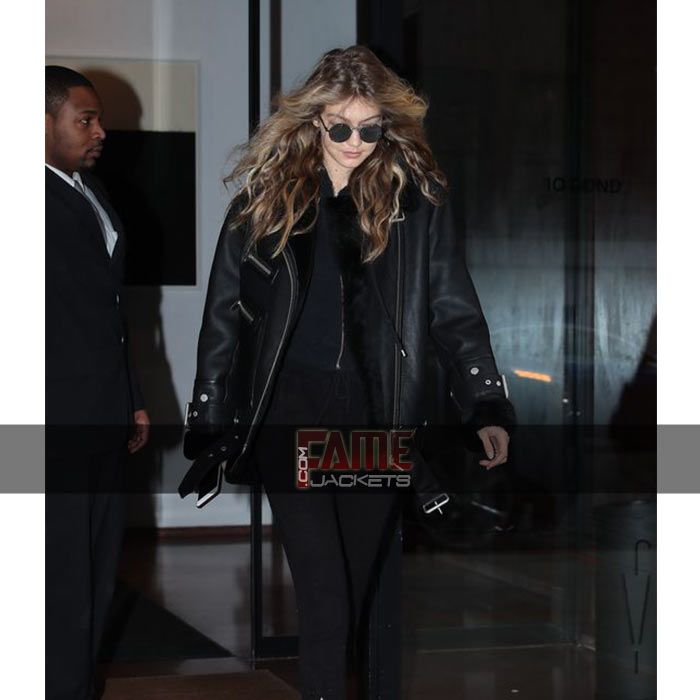 Gigi Hadid Black Fur Lining Bomber Jacket