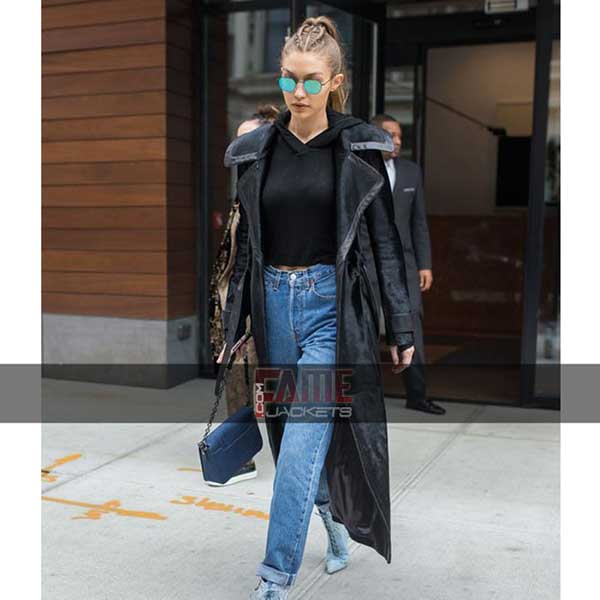 Gigi Hadid Black Suede Leather Long Coat