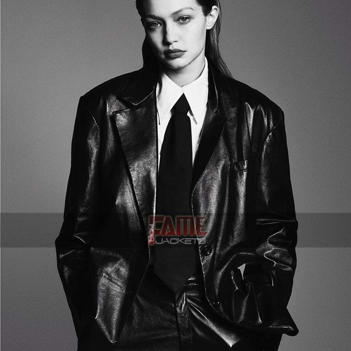 Gigi Hadid Casual Black Leather Office Style Blazer