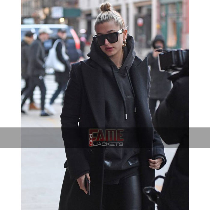 Hailey Baldwin black wool coat women's