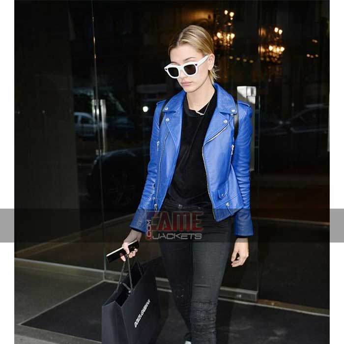 Hailey Baldwin Blue Real Leather Slim Fit Jacket For Women
