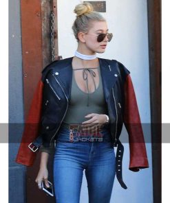Latest Hailey Baldwin Black & Orange Leather Biker Jacket