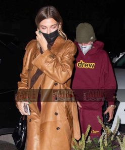 Hailey Bieber Women Tan Leather Over Coat
