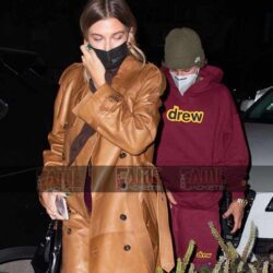 Hailey Bieber Women Tan Leather Over Coat