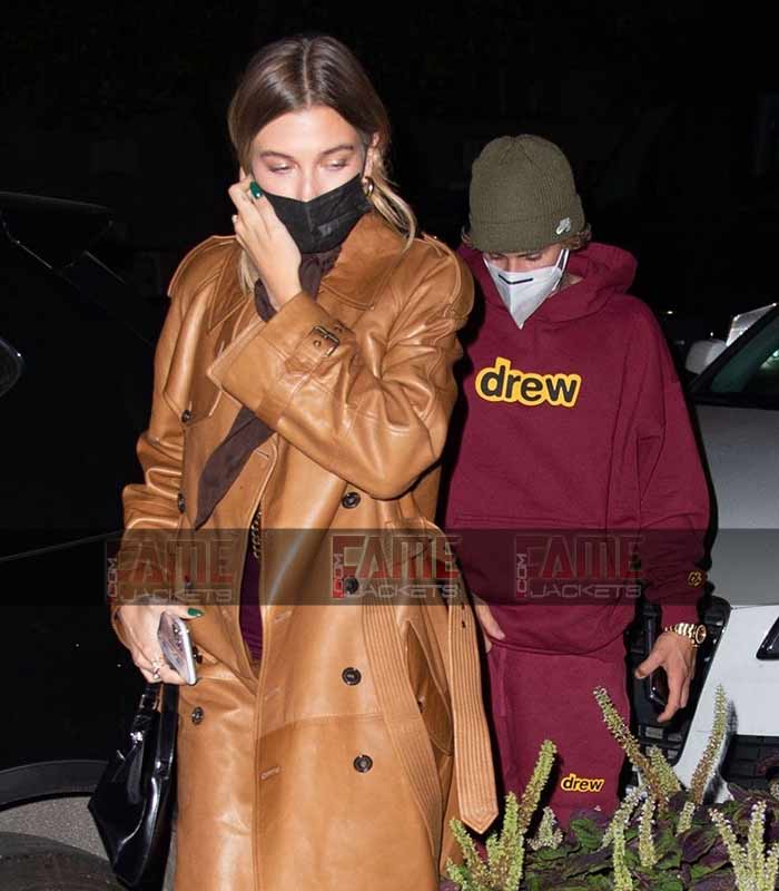 Hailey Bieber Women Tan Leather Over Coat
