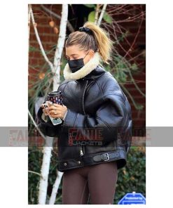 Hailey Rhode Women Black Leather And Shearling WW2 Bomber Jacket