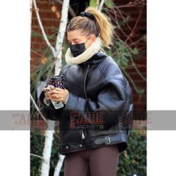 Hailey Rhode Women Black Leather And Shearling WW2 Bomber Jacket