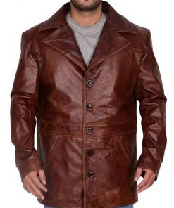 Men's Distressed Brown Genuine Leather Trench Coat