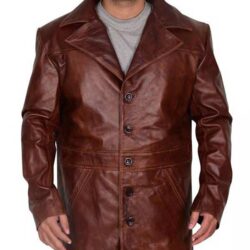 Men's Distressed Brown Genuine Leather Trench Coat