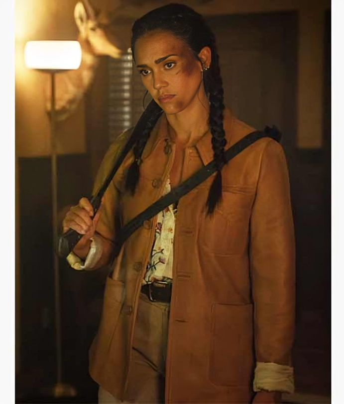 Jessica Alba Trigger Warning 2024 Brown Leather Jacket