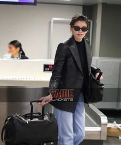 Kaia Gerber Black Casual Genuine Leather Blazer