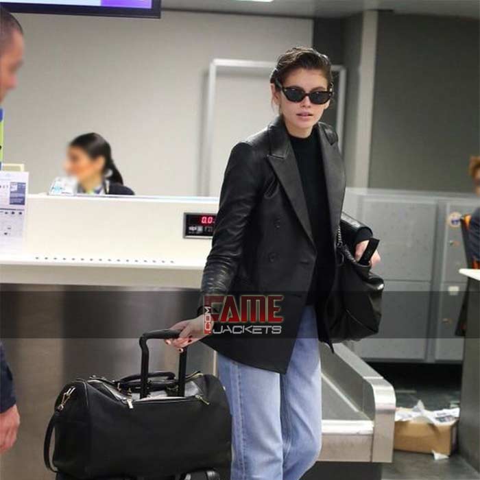 Kaia Gerber Black Casual Genuine Leather Blazer