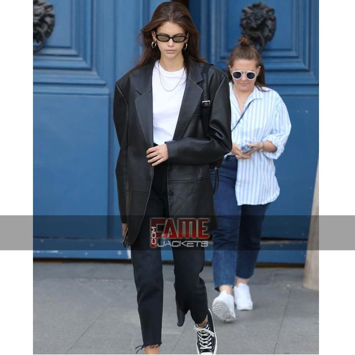 Kaia Gerber Women Casual Leather Blazer
