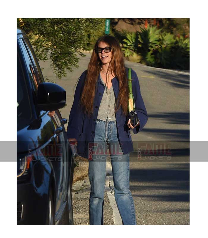 Kaia Gerber Women Casual Blue Cotton Long Jacket