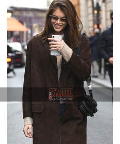 Kaia Gerber Brown Suede Double Breasted Winter Coat For Women