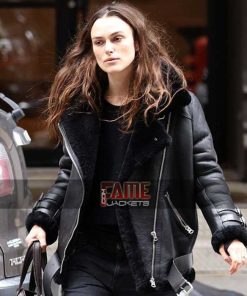 Keira Knightley Jacket - Black Shearling Bomber Jacket