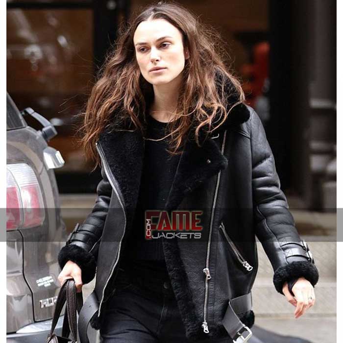 Keira Knightley Jacket - Black Shearling Bomber Jacket