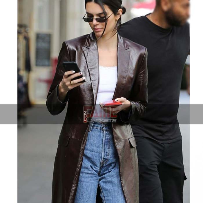Kendall Jenner Brown Leather Knee Length Winter Coat For Women