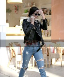 Alternative view of Kendall Jenner Black Slim Fit Studded Genuine Leather Jacket For Women