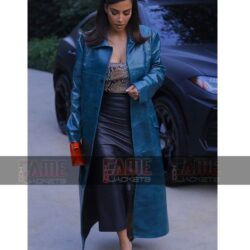 Kim Kardashian Women Blue Leather Trench Winter Coat