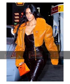 Kim Kardashian Orange Leather Shearling Jacket For Women