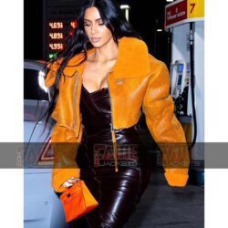 Kim Kardashian Orange Leather Shearling Jacket For Women