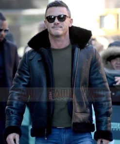 Luke Evans Mens B3 Shearling Aviator Flight Black Leather Winter Jacket