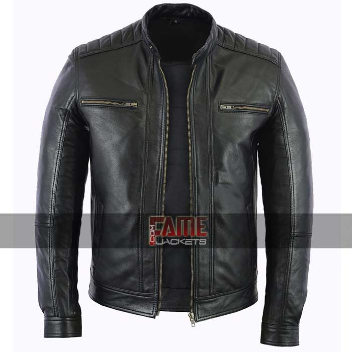 Men Black Casual Biker Moto Real Leather Jacket