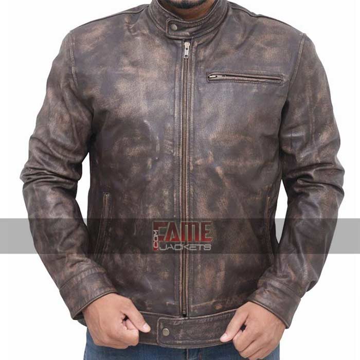 Men's Casual Brown Distressed Genuine Leather Jacket