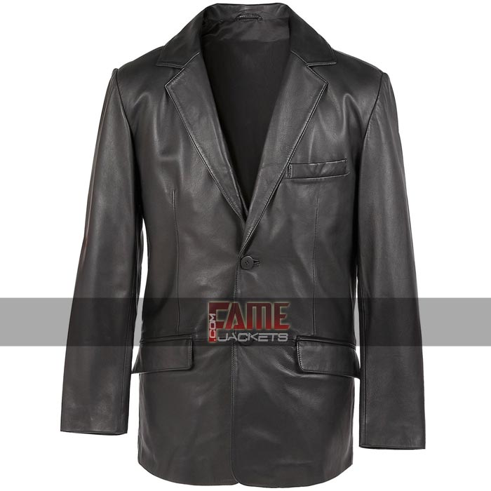 Men Casual Real Black Leather Blazer