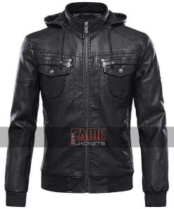 Men's Latest Style Black Leather Jacket Removable Hood