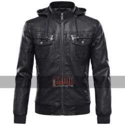 Men's Latest Style Black Leather Jacket Removable Hood