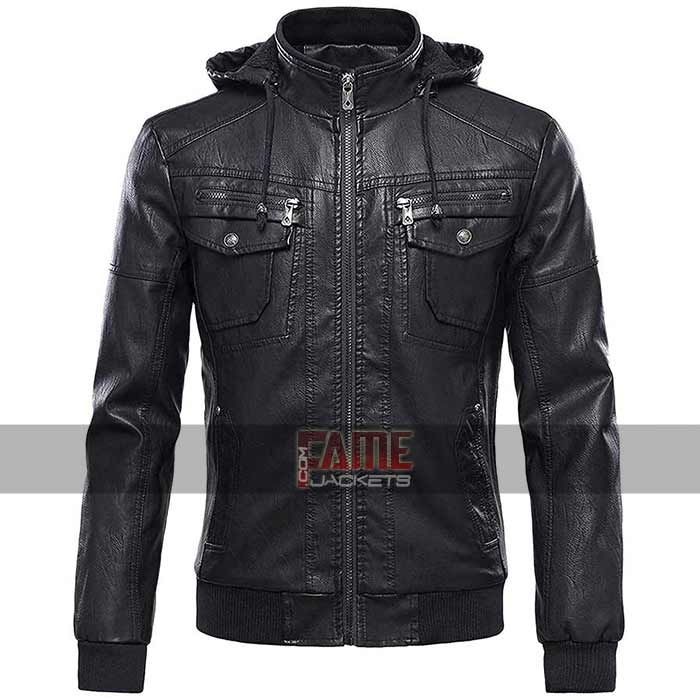 Men's Latest Style Black Leather Jacket Removable Hood