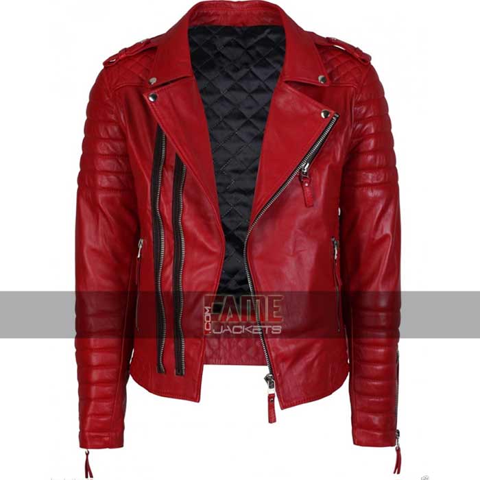 Men's Red Slim Fit Biker Vintage Genuine Leather Jacket